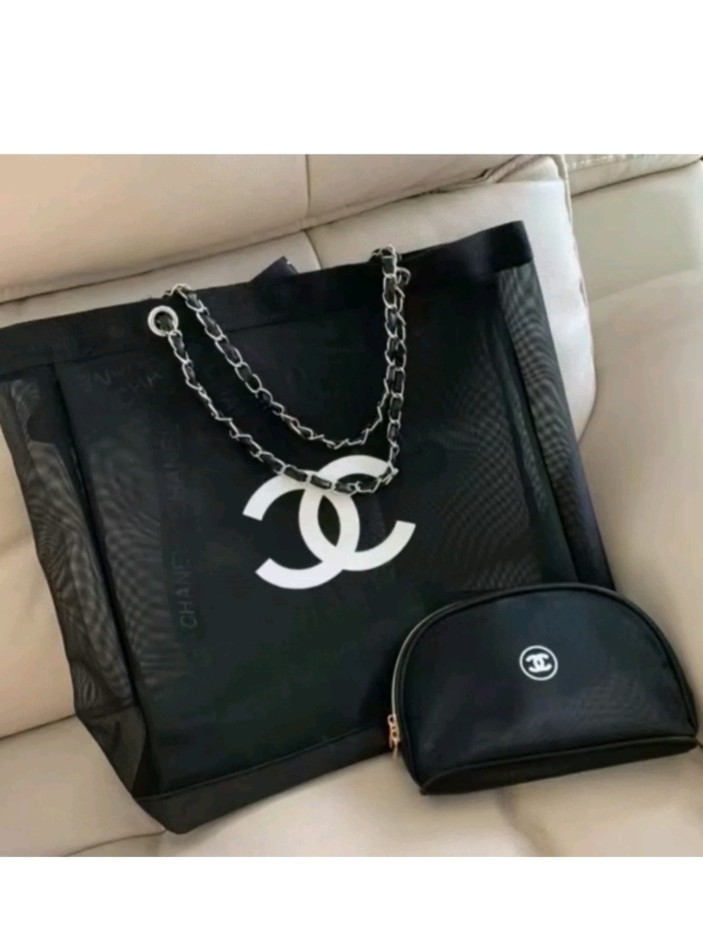New Chanel Beauty Black Mesh Tote with Gold Chain Handles and Matching Pouch GWP